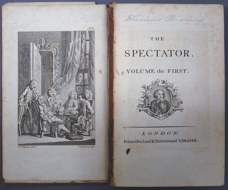 The Spectator. Volume the First. London: Printed for J. and R. Tonson and S. Draper, 1750. Shoults Eb 1750 S