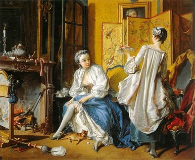 Franois Boucher - The Toilette  1742 - Oil on canvas, 53 x 67 cm - Museo Thyssen-Bornemisza, Madrid / Boucher also pioneered these small, intimate pictures, usually of women or young girls dressing and undressing. Although not exactly erotic, they gave the artist an opportunity to paint flesh, and to please his patrons with pictures suitable for their bed-rooms and sitting-rooms.