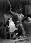 A scene from a 19th century version of The Barber of Seville. Its origins in the commedia dell'arte are clearly shown in this picture which portrays Figaro dressed in the costume and mask of Harlequin.