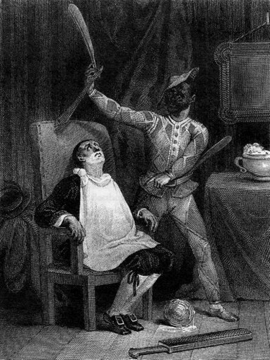 A scene from a 19th century version of The Barber of Seville. Its origins in the commedia dell'arte are clearly shown in this picture which portrays Figaro dressed in the costume and mask of Harlequin.