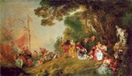 Pilgrimage to Cythera is an embellished repetition of his painting of 1717, and exemplifies the frivolity and sensuousness of Rococo painting. (1721, Berlin)