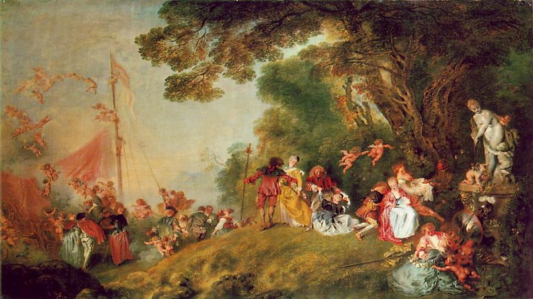 Pilgrimage to Cythera is an embellished repetition of his painting of 1717, and exemplifies the frivolity and sensuousness of Rococo painting. (1721, Berlin)