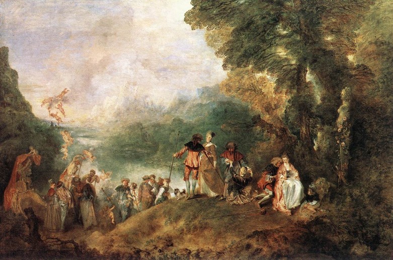 Watteau - Pilgrimage on the Isle of Cythera, 1717, Louvre. Many commentators note that it depicts a departure from the island of Cythera, the birthplace of Venus, thus symbolizing the brevity of love.