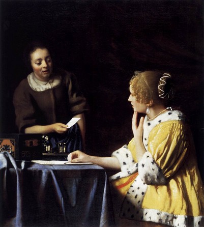 Mistress and Maid.[1] Alternate title(s): Lady with Her Maidservant Holding a Letter. Date ca. 1666-1667, Medium oil on canvas, Dimensions 90.2  78.4 cm (35.51  30.87 in), Current location Frick Collection, New York City