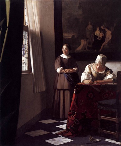 Johannes Vermeer - Schrijvende vrouw met dienstbode, c. 1670-1671, oil on canvas, 28 x 23 in. (71.1 x 58.4 cm.), National Gallery of Ireland, Dublin