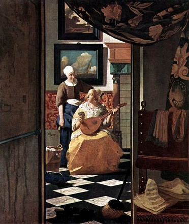 Johannes Vermeer, De liefdesbrief, c. 1667-1670, oil on canvas, 17 3/8 x 15 1/8 in. (44 x 38.5.cm), Rijksmuseum, Amsterdam